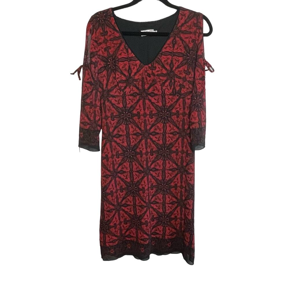 CDC V-Neck Midi Length Dress Split Tie Sleeve Pattern‎ Lined Red Black 12 P Y2K